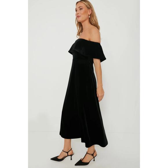 Pomander Place Black Elise Off Shoulder Velvet Velour Midi Cocktail Dress Size L - Picture 5 of 9